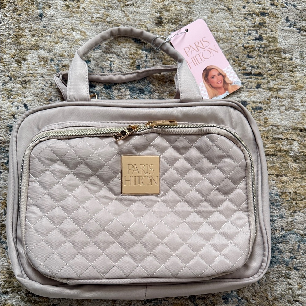 Paris Hilton Quilted Cosmetic Case in Light Beige with Gold Hardware